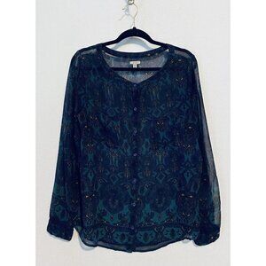 Urban Outfitters Ecote Blouse Womens Large Paisley Print Blue Green Sheer Boho